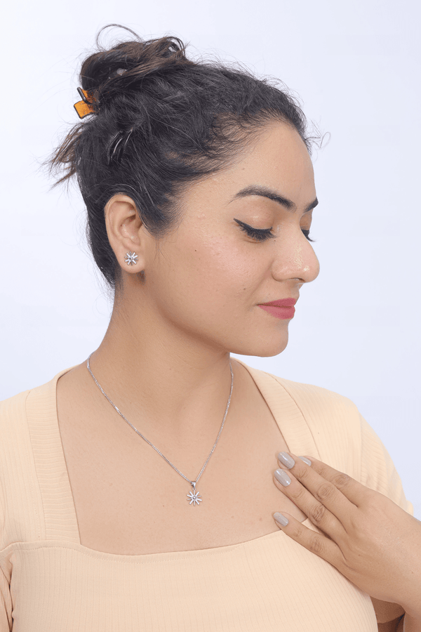 Silver Starlight Flower chain pendant earring set - tassyasilver.com