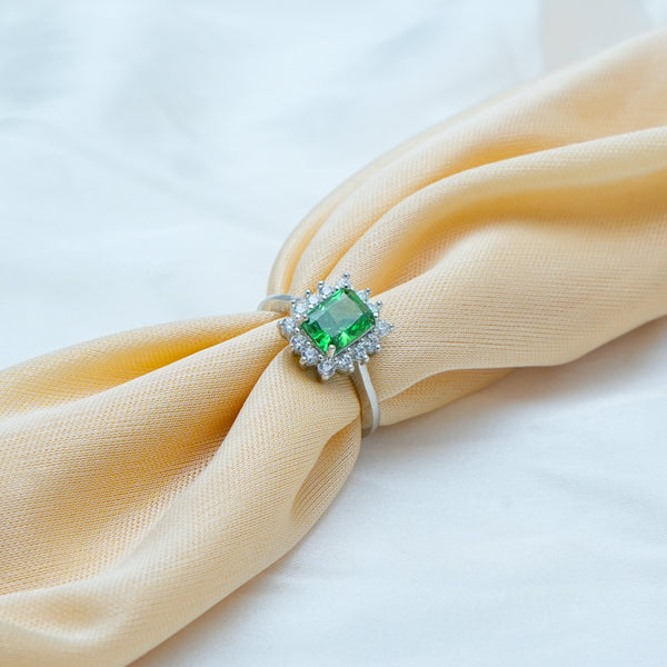 Silver Emerald Halo Ring