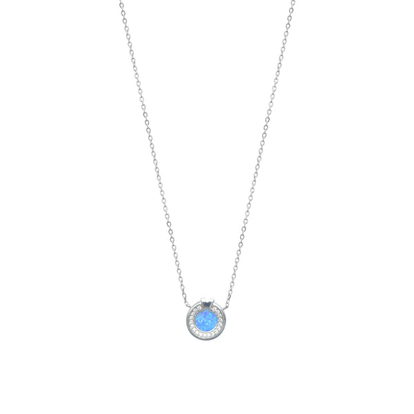 Silver Sky Blue Opal Halo Chain Pendant
