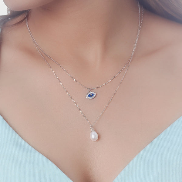 Silver Double Layer Evil Eye & Pearl Chain Pendant