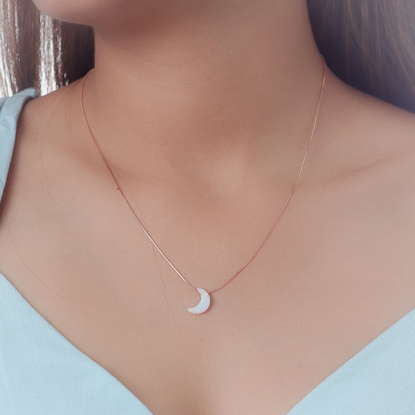Rose Gold Opal Crescent Moon Chain Pendant
