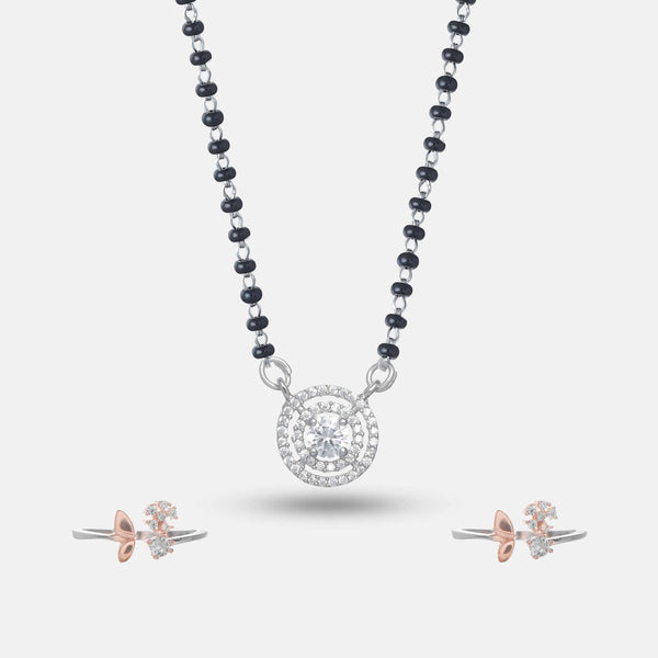 925 Silver Mangalsutra With Petal Toe Ring Set