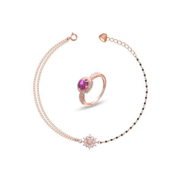 Silver Rosé Bracelet With Bloom Ring Set