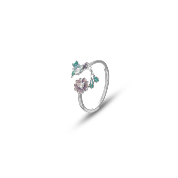 Silver Petal Hummingbird Ring