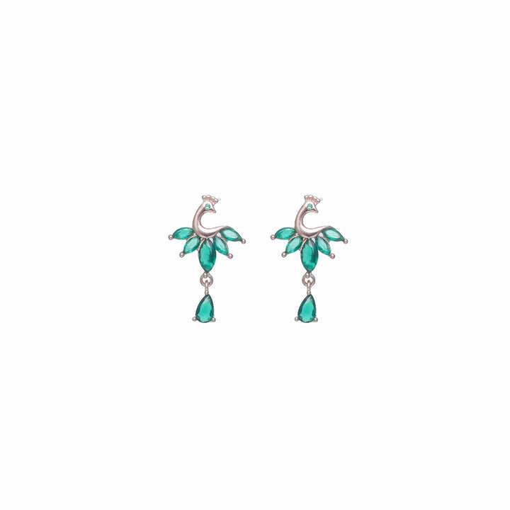 Tassya Green Emerald Peacock Earrings – Ornate 925 silver earrings with peacock motif and green stones, ideal for festive wear
