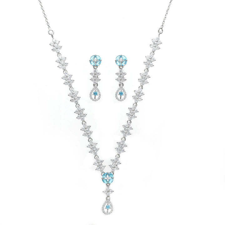 Tassya Blue Diamond Necklace Set – Elegant 925 silver set with shimmering blue stones, perfect for weddings and occasions.