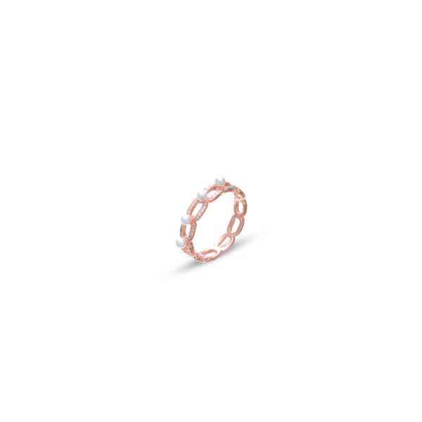 Tassya Rosegold Pearl Link Ring – Graceful 925 silver ring with rose gold finish and pearl links, perfect for classy wear