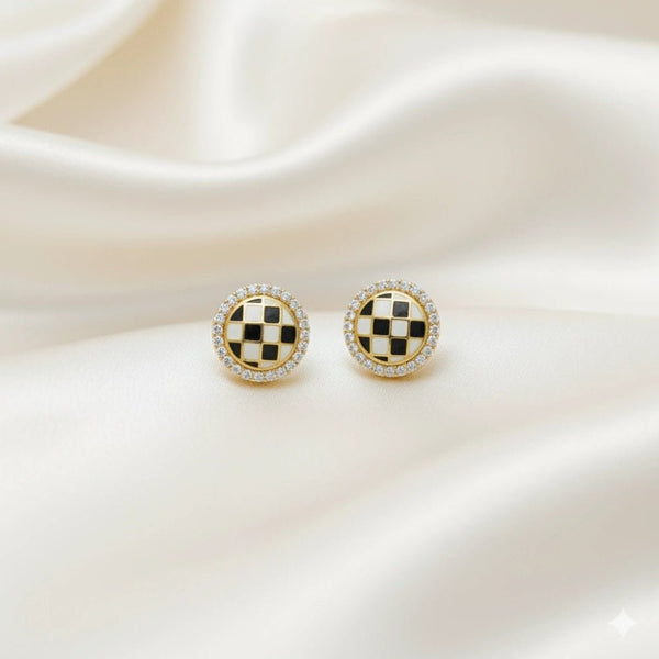 925 Silver Golden Checkered Halo Studs