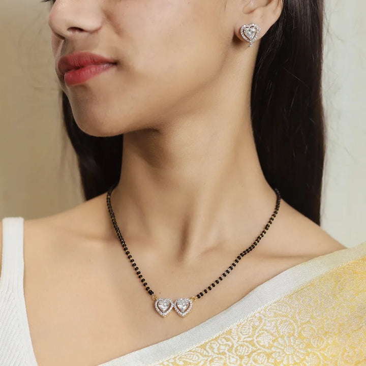 925 Sterling Golden Twin Heart Mangalsutra Set for Women - tassyasilver.com