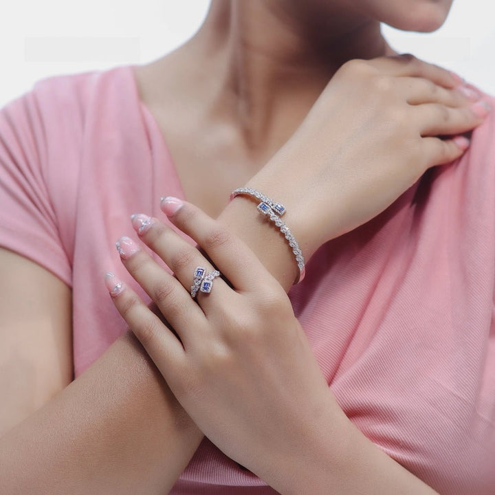 925 Sterling Sapphire Bloom Kada & Ring Set for Women - tassyasilver.com