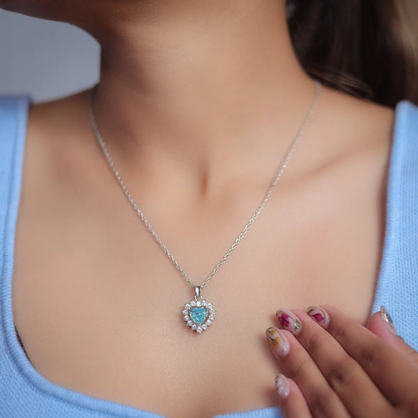 925 Sterling Silver Aqua Heart Chain Pendant for Women - tassyasilver.com