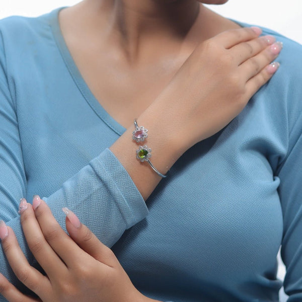 925 Sterling Silver Blooming Duo Gemstone Kada For Women - tassyasilver.com