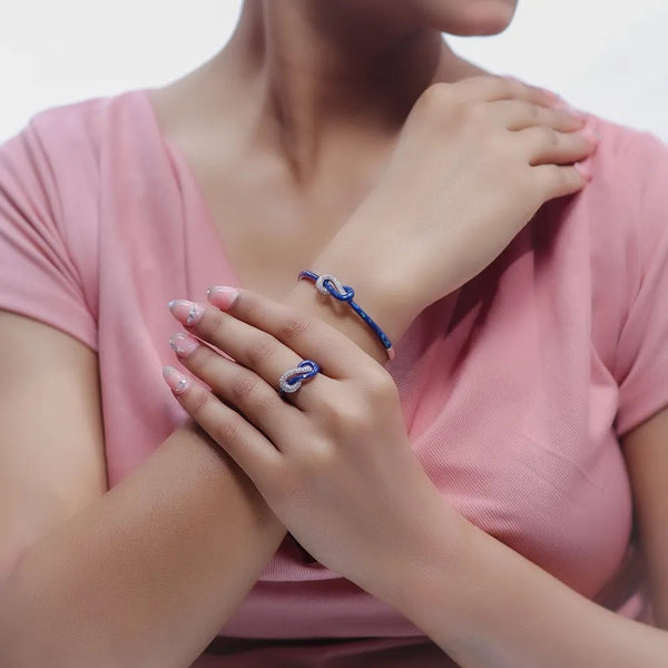 925 Sterling Silver Blue Infinity Kada & Ring Set for Women - tassyasilver.com