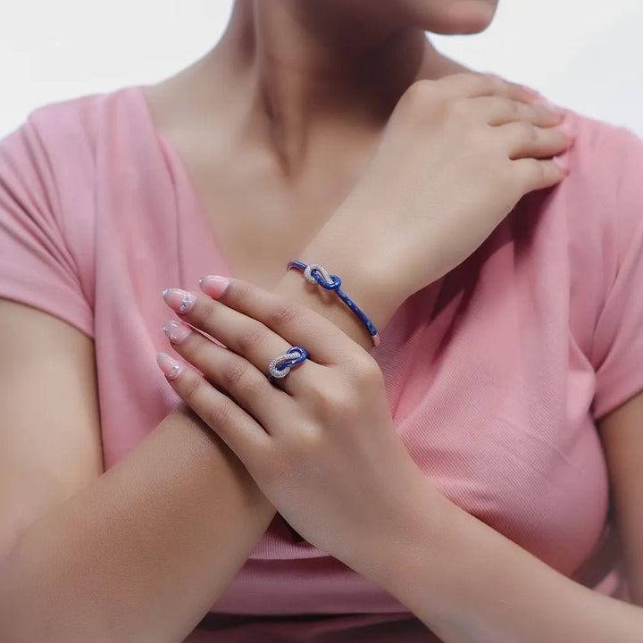 925 Sterling Silver Blue Infinity Kada & Ring Set for Women - tassyasilver.com