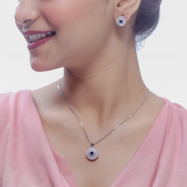 925 Sterling Silver Blue Sunburst Silver Chain Pendant Top for Women - tassyasilver.com