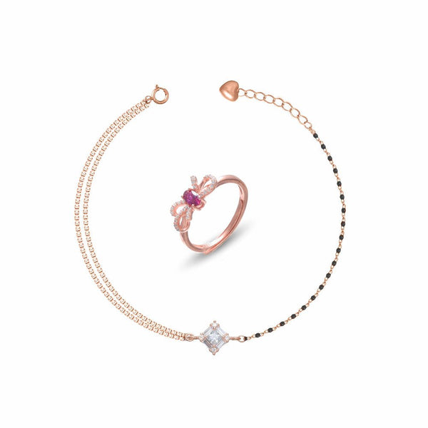 925 Sterling Silver Bow Bracelet With Ring Set for Women - tassyasilver.com