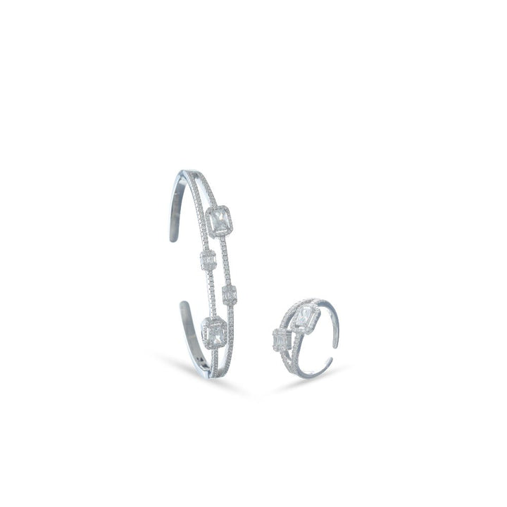 925 Sterling Silver Crystal Square Kada & Ring Set for Women - tassyasilver.com