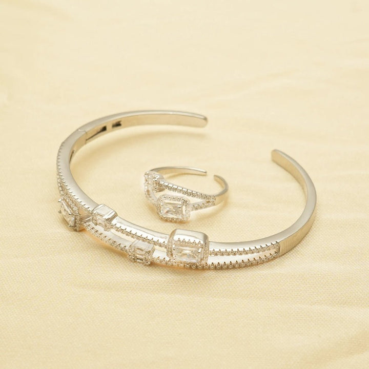 925 Sterling Silver Crystal Square Kada & Ring Set for Women - tassyasilver.com