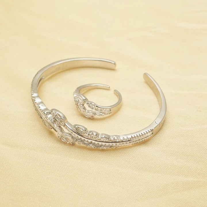 925 Sterling Silver Diamond Cluster Kada & Ring Set for Women - tassyasilver.com