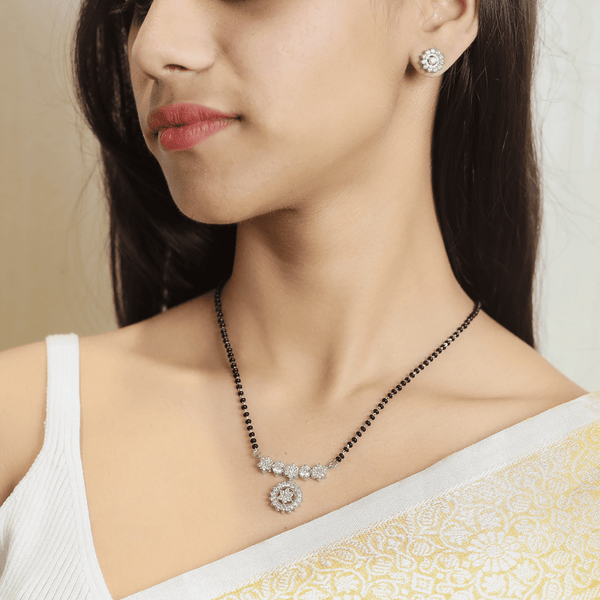 925 Sterling Silver Diamond Floral Mangalsutra Set for Women - tassyasilver.com