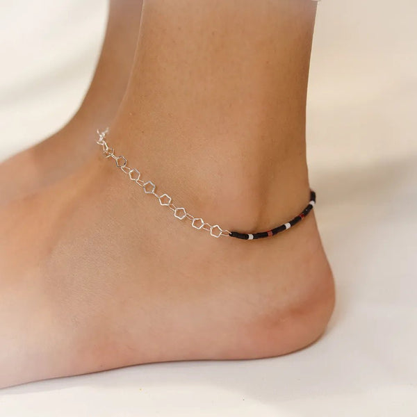 925 Sterling Silver Hexa Link Bead Anklet for Women - tassyasilver.com