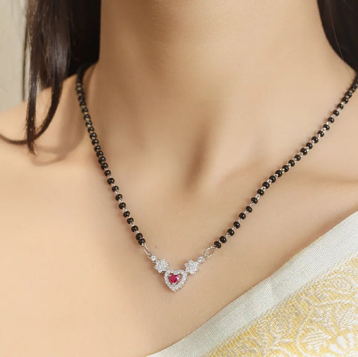 925 Sterling Silver Pink Heart Mangalsutra For Women - tassyasilver.com