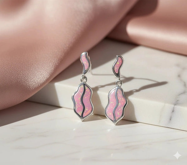 925 Silver Pink Opal Drop Earrings