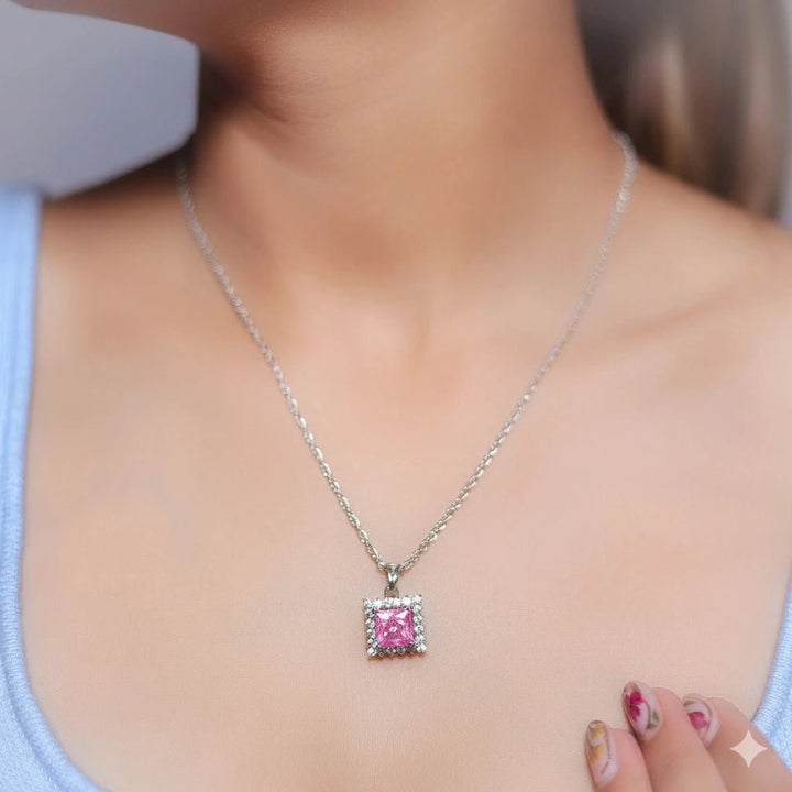 925 Sterling Silver Pink Radiant Charm Chain pendant for Women - tassyasilver.com