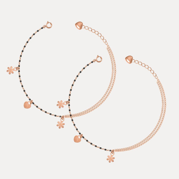 925 Silver Rose Gold Black Bead Anklet