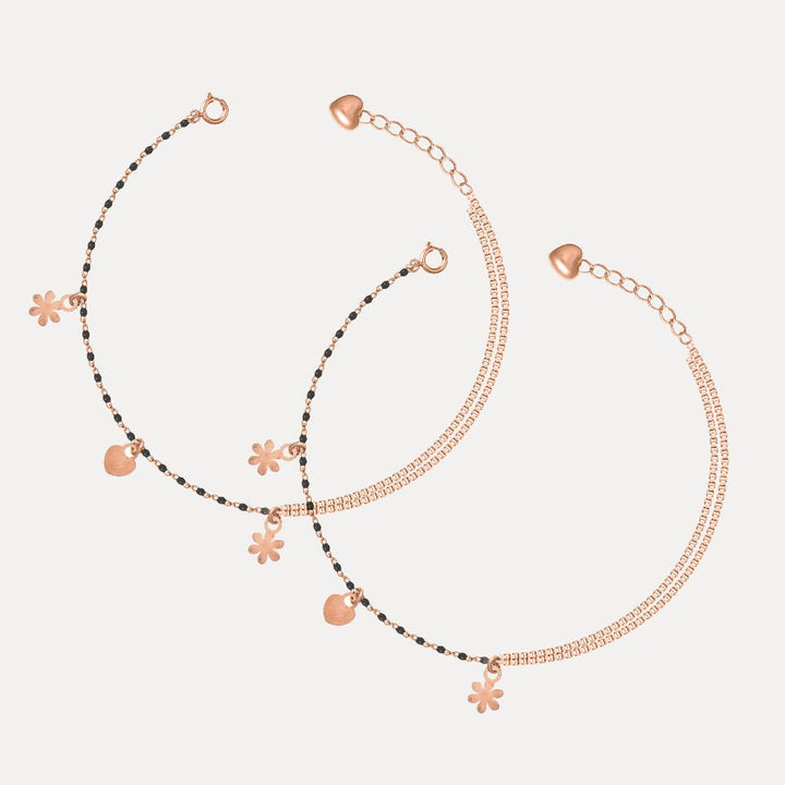 925 Sterling Silver Rosegold Black Beads Floral Charm Anklet for Women - tassyasilver.com