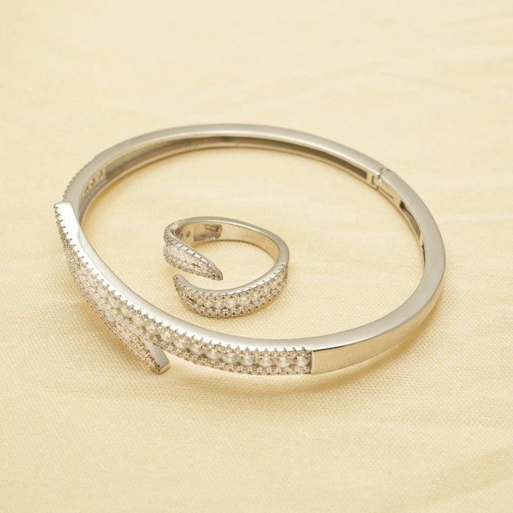 925 Sterling Silver Sparkle Wave Kada & Ring Set for Women - tassyasilver.com