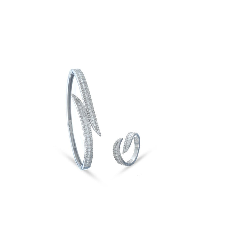 925 Sterling Silver Sparkle Wave Kada & Ring Set for Women - tassyasilver.com