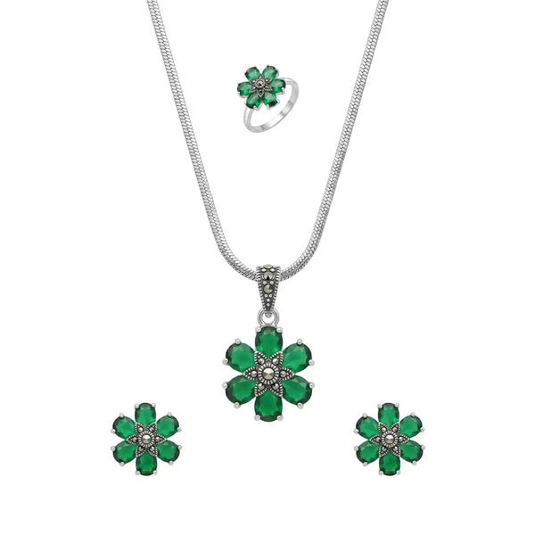 925 Silver Emerald Bloom Elegance Set