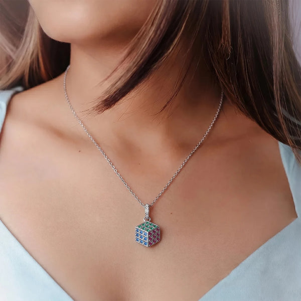 925 Silver Prism Cube Chain Pendant
