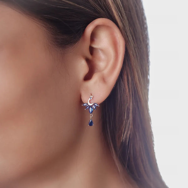 Tassya Sapphire Peacock Earrings – Stunning 925 silver earrings with peacock design and blue stones, perfect for festive elegance.