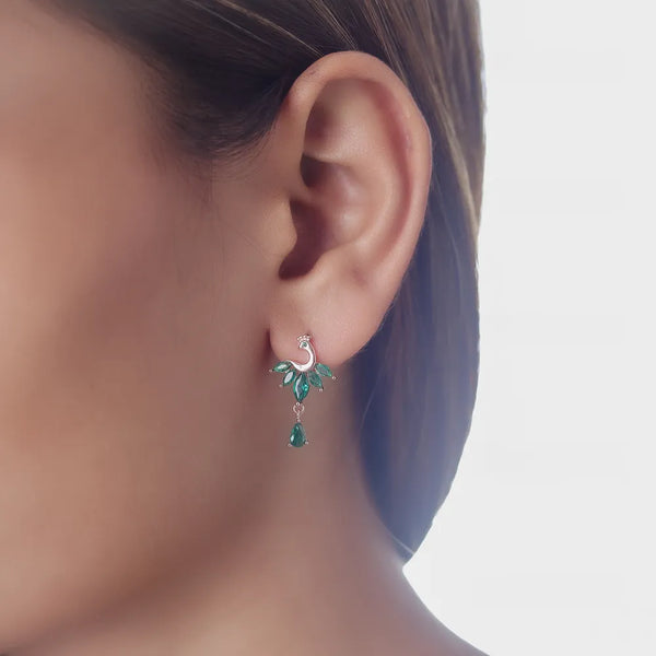 Tassya Green Emerald Peacock Earrings – Ornate 925 silver earrings with peacock motif and green stones, ideal for festive wear