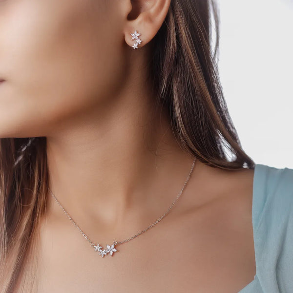 Tassya Sparkling Floral Bloom Pendant – 925 silver chain with glittering floral top, ideal for festive and elegant wear.