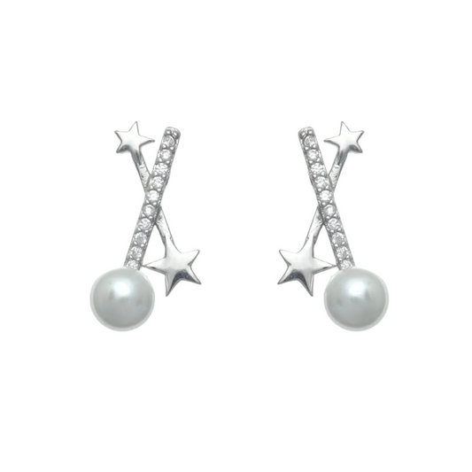 Silver Crossed Star Pearl Studs