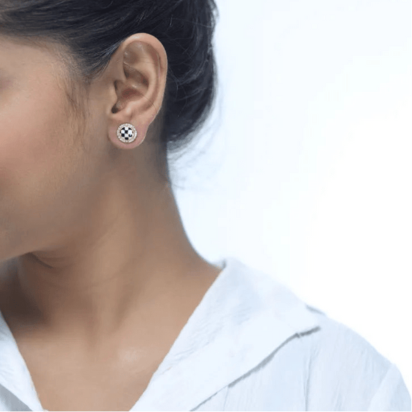 925 Silver Golden Checkered Halo Studs