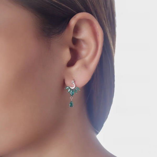 Tassya Silver Green Emerald Peacock sterling silver earrings