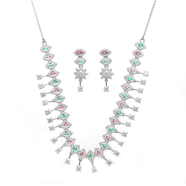 925 silver necklace set with pink and green stones