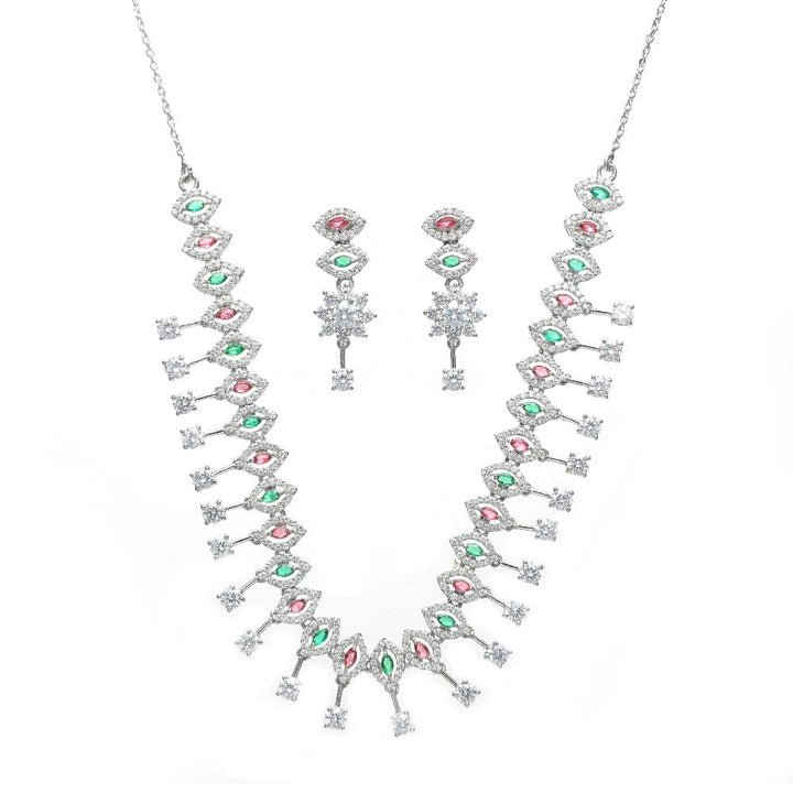 925 silver necklace set with pink and green stones
