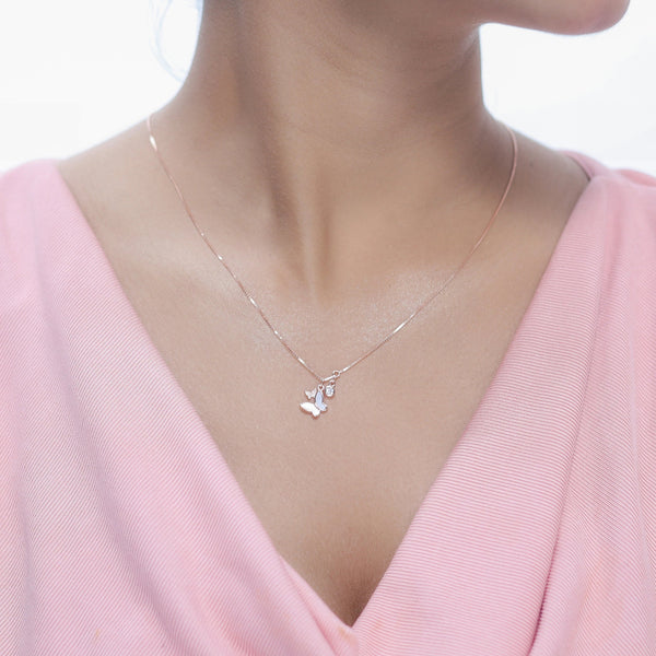 Tassya Silver Rose Gold Duo Butterfly sterling silver chain pendant