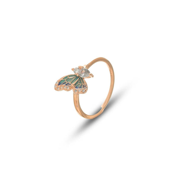 925 Silver Rose Gold Green Butterfly Enamel Ring