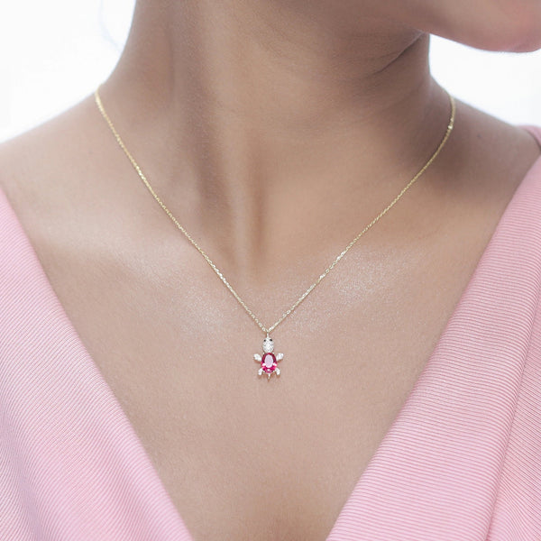925 Silver Golden Ruby Turtle Chain Pendant
