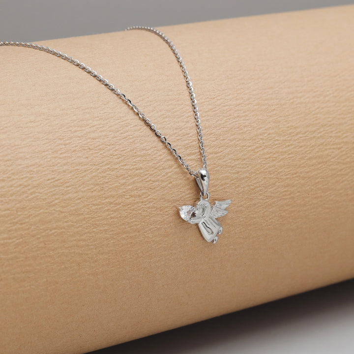 Silver Angel with Heart Gem Chain Pendant - tassyasilver.com