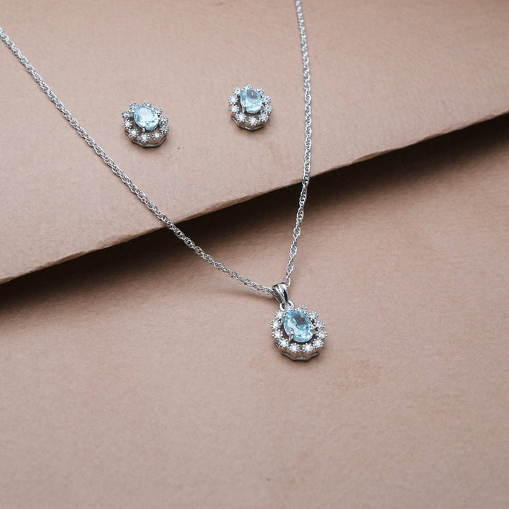 Silver Aquamarine Oval Chain Pendant Studs - tassyasilver.com