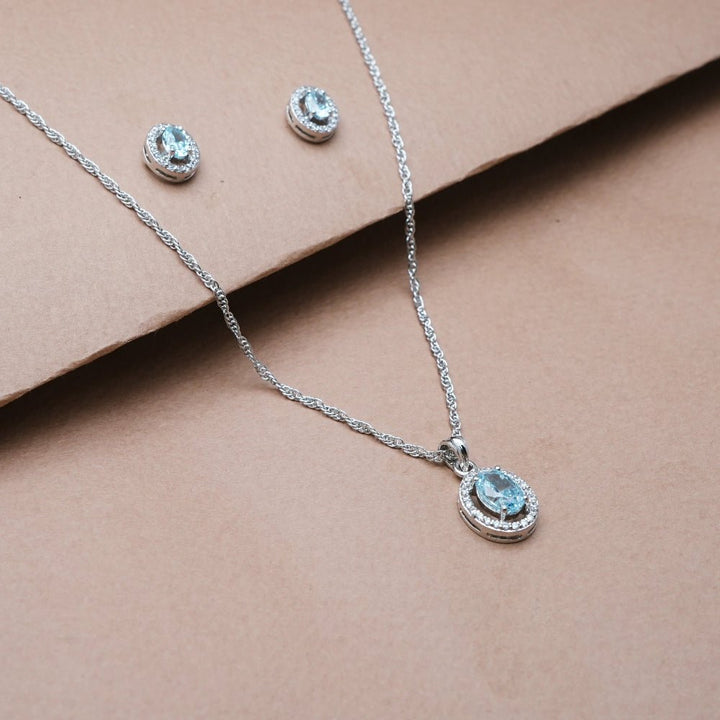 Silver Aquamarine Oval Halo Chain Pendant Studs - tassyasilver.com