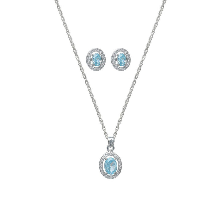 Silver Aquamarine Oval Halo Chain Pendant Studs - tassyasilver.com