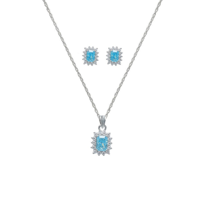 Silver Aquamarine Radiant Cut Halo Chain Pendant Studs - tassyasilver.com